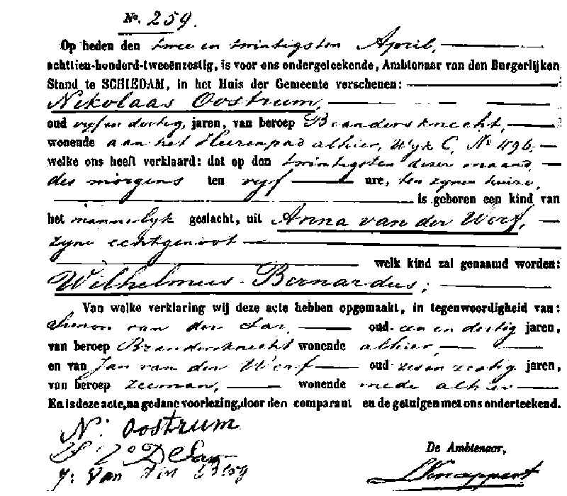 1862 Geb reg 259 Wilhelmus Bernardus zv N Oostrum - A vd Werf